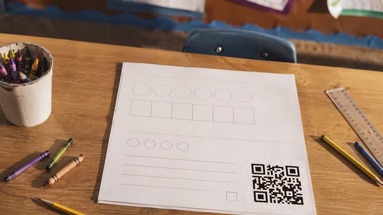 A printed worksheet on a classroom table with a QR code in its corner, surrounded by coloured pencils in afternoon light