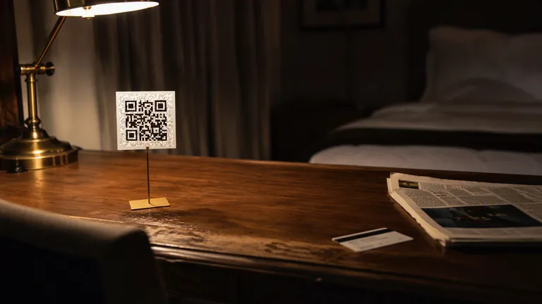 A printed QR code card standing on a hotel room writing desk under a brass lamp, with the bed out of focus behind