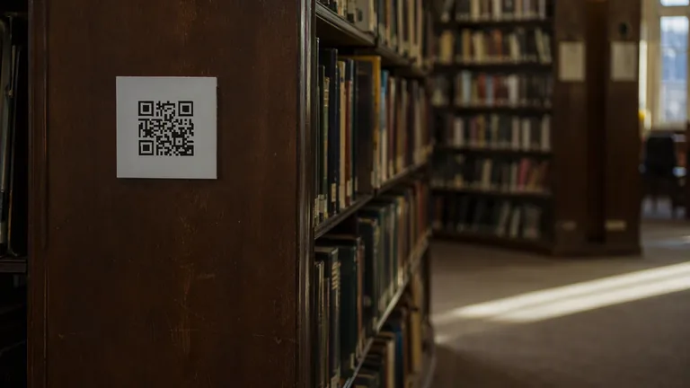 A printed QR code on a white card fixed to the end panel of a library bookshelf, with rows of book spines and afternoon light across a wooden floor