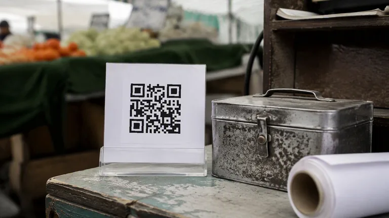 A printed QR code standing in a clear acrylic holder on a market stall counter, beside a battered metal cash tin and a roll of receipt paper