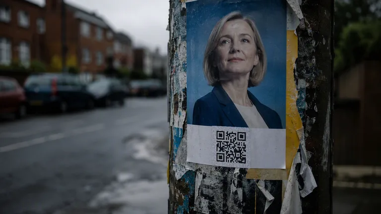 A weathered election poster pasted to a street pole, with a printed QR code panel across its lower half and a wet residential street behind