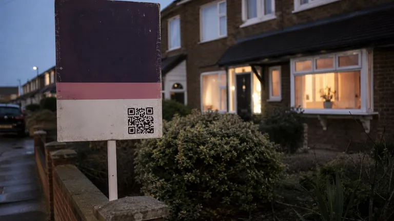 A for sale board outside a suburban house at dusk, carrying a printed QR code on its lower panel, with lit windows behind