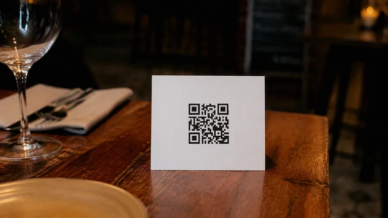 A clean printed card tent standing on a restaurant table carrying a QR code, with a wine glass and folded napkin beside it in warm evening light