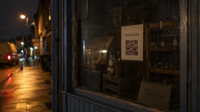 A printed QR code on a card taped inside a small shop's window at night, beside a closed sign, with a wet street and a parked van out of focus behind