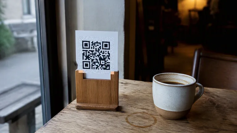 A printed QR code card in a wooden stand on a cafe table by a window, next to a cup of coffee and an old ring mark in the wood